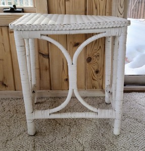 White Wicker Side Table and Basket