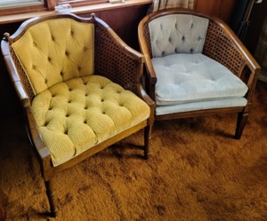 Pair Of Vintage Wooden Padded Chairs with Wicker Sides
