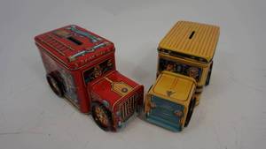 lot 60 image: Vintage 1970s Tin Yellow School Bus Coin Bank  Tin Fire Engine #5 Coin Bank