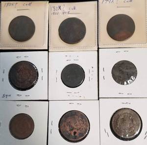 lot 15 image: GROUP OF 9 EARLY US COPPER COINS 6 LARGE CENTS & 3 HALF CENTS