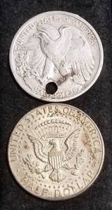 lot 23 image: 2 US SILVER HALF DOLLARS 1964 KENNEDY 1944-S WALKING LIB (HOLED)