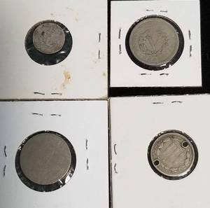 lot 33 image: 4 US COINS 3C SILVER 3C NICKEL (HOLED) 1901 1905 LIBERTY NICKELS