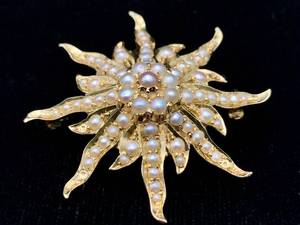 lot 16A image: Antique 14k Yellow Gold Starburst Brooch Set with Seed Pearls $2200 Retail