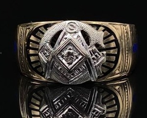 lot 24A image: Vintage Ornate Diamond Mens Masonic Ring in 14k and 10k Yellow Gold