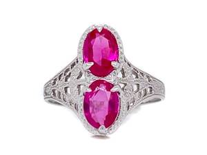 lot 13 image: Vintage Filigree Estate Ring with Two Oval Cut Rubies in 10k White Gold Setting Retail $2650