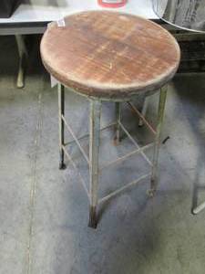 lot 9 image: Antique Tall Metal Shop Stool With ...
