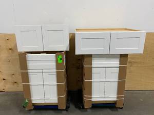 lot 23 image: Lot of 4-(2-Cabinets, 2-Sink Bases) Vesper White Shaker Assembled Plywood with Soft Close.