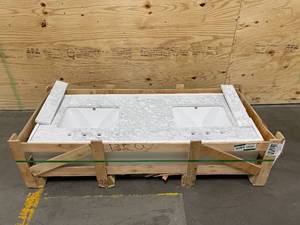 lot 25 image: 61 in. W x 22 in. D x 1 in. H Bianco Carrara White Marble Double Basin Vanity Top with White Basins with 2- 21 in. Bianco Marble Vanity Sidesplash in Carrara White