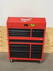 lot 34 image: MILWAUKEE 46 in. 16-Drawer Steel Tool Chest and Rolling Cabinet Set, Textured Red and Black Matte