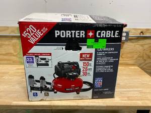 lot 64 image: PORTER-CABLE 6 Gal. 150 PSI Portable Electric Air Compressor with 16-Gauge, 18-Gauge and 23-Gauge Nailer Combo Kit (3-Tool)