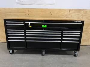 lot 6 image: HUSKY 72 in. 18-Drawer Mobile Workbench with Solid Wood Top, Black