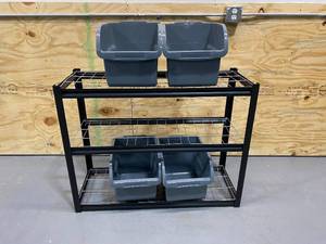 lot 104 image: Shelving Unit with Plastic Storage Bins