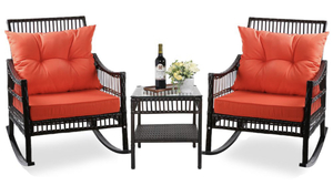 lot 110 image: VEIKOUS Dark Brown 3-Piece Patio Wicker Outdoor Rocking Chair Set with Orange Cushions and Pillows