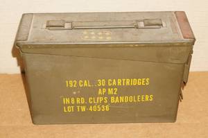 lot 101 image: UPDATE Ammo Box of .30 Cartridges, Clips, Bandoleers