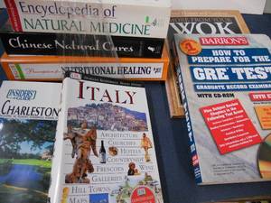 lot 54 image: Books Travel - Charleston, Italy, Natural Healing - Encyclopedia of Natural Medicine, Chinese Natural Cures, Nutritional Healing, GRE Test Prep including CD, Wok Recipes