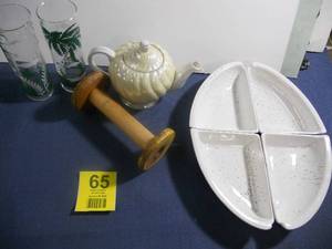 lot 65 image: Vintage Tea Pot, Wooden Spool, Ceramic Partitions for Dishes, Ice Tea Glassware