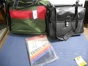 lot 67 image: Padded Briefcase, Green and Red Travel Case and Vintage Travel Garment Bag (New in bag)