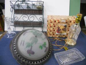 lot 73 image: Dcor Folding Shelf, Candles and Candle Holders, Lamp, Cut Glass Butter Dish, Light Fixture Covers