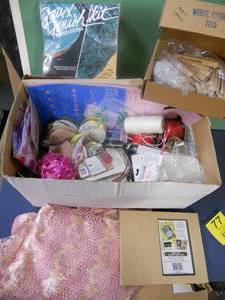 lot 77 image: Craft Supplies Faux Painting Kit, Clothespins, Lace Curtains, Craft Supplies, Ribbon, Candy Sticks