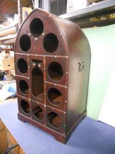 lot 13 image: Wine Bottle RackCabinet with Stemware slide. 26x12x14 Dark Redish Mahogony-Like Finish.