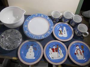 lot 88 image: Sakura Debbie Mumm Snowman and Snowflake Dishes and Mugs, Cut Glass Covered Candy Dish, Soup Tourine