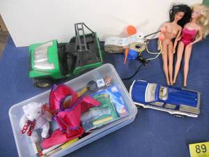 lot 89 image: 2 Barbie Dolls, Jeep and Basstracker, Bumble Bee Pull Toy, Random Toys