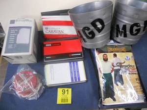 lot 91 image: 2 MGD Beer Buckets, PVC Bucksbags Apron, 2 Dodge Grand Caravan Manuals, Bunch of Beer Coasters, Small wall light fixture