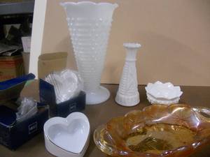 lot 103 image: Milk Glass Vases, Mikasa Jewelry Trinket Dish, Golden Serving Dish
