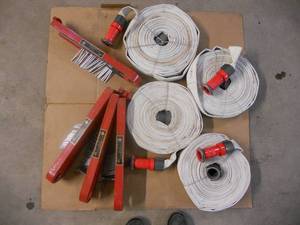 lot 5 image: Red Head Fire Hose and Nozzles and Hose Holders for Occupants of Buildings - Qty of 4 - Elkhart Mfg (2 Coupler) - Great for mancave display