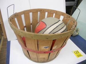 lot 125 image: Apple Bushel Basket with Hoops Basketball, Nerf Footballs, Etc