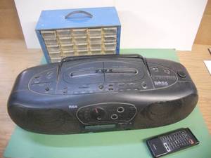 lot 162 image: RCA Dual Cassette AMFM Large Boombox with Remote, Hardware Storage Organizer with all drawers - just dusty