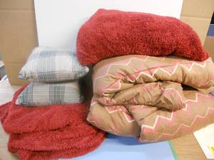 lot 173 image: 2 Comforters, 2 Fuzzy Burgandy Blankets, 2 Throw Pillows