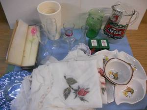 lot 179 image: Pink Glass Flower, Champagne Glasses, Vases, Glass Angels, Applique CurtainsValances, Coca-Cola Pitcher, Pottery Sectioned Server
