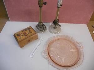 lot 180 image: Pink Depression Glass Serving Tray, 2 Dresser Lamps, Rosemalled Wood Box