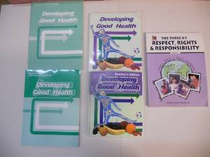 lot 182 image: Homeschool Books Developing Good Health Book, Teachers Book, Workbook and Tests, and Answer Key, Also Additional The Three Rs Respect, Rights & Responsibility Primary Workbook (All Unused)