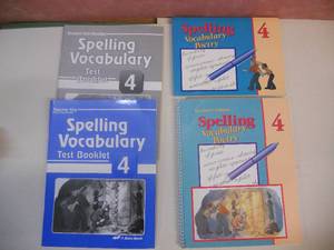 lot 185 image: Homeschool Books A Beka Book Spelling Vocabulary Poetry 4 Series - Book, Teachers Edition Book, Test Booklet, and Test Booklet Key - All unused