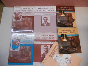 lot 186 image: Homeschool Books The History of Our United States - Book, Teachers Edition Book, Student TestQuiz Book, TestQuiz Key, Student Activity Book, Activity Book Key (All Unused), and Curriculum (may have a few checkmarks)