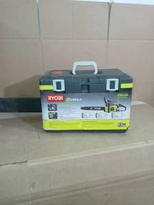 lot 105 image: 18 in. 38cc 2-Cycle Gas Chainsaw with Heavy Duty Case by RYOBI- not used