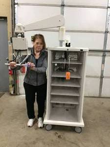 lot 9 image: WOW Promedica Endoscopy AV&nbspVideo Tower&nbspLocking Enclosed Cabinet&nbspCart&nbspWAdjustable&nbspShelving & Floating Or Lock In Place Monitor Mounting Arm Plus Power Supplies Galore Excellent Condition - No Key Great For The Garage Or Shop