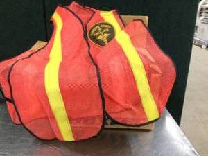 lot 16 image: 1 Case open box ORANGE, HIGH VISIBILITY MESH VEST WITH Yellow REFLECTIVE STRIPEs - All appear to have hennepin county Ambulance badges