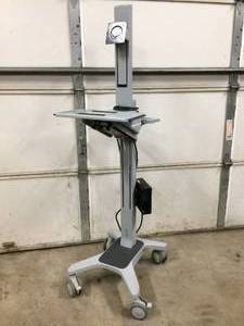 lot 23 image: WOW MSRP $1800 Ergotron Neo-Flex SINGLE MOUNT WIDE VIEW MONITOR HEIGHT ADJUSTABLE SIT TO STAND WorkSpace Cart With Mounted Belkin Power Supply - EXCELLENT CONDITION