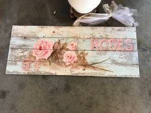 lot 24 image: Vintage Lamp and Wooden Painted Roses Sign