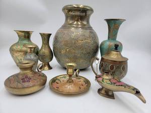 9 Beautiful Vintage Hand-Etched and Hand-Painted Brass Collectibles 3-10-Candlesticks, Vases, And More