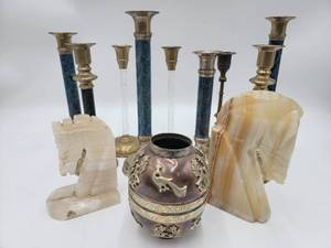 9 Brass Top 8 to 10 Candle Holders - 2 Marble Horse Bookends - Brass Container