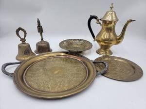 6 Piece Vintage Brass Collection - Plates - Bells - Tea Pitcher - Serving Platter