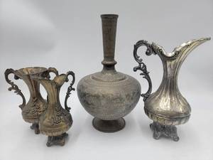 3 Very Vintage Italian Silver Plate Carafe and Indian Brass Vase Collection