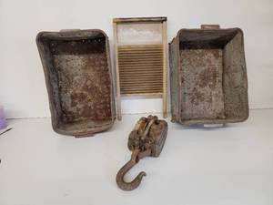 Vintage Strainer Basins - Champion Brass Washboard - Decorative Pulley Hook - Washbin