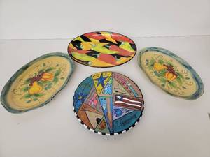3 Large Beautifully Handmade Ceramic Serving Plates & Lazy Susan
