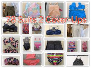 80 Assorted Womens Bathing Suits XS-XXLNEW With Tags Tori Praver, Clean Water, Cleobella Turquoise, Sugar Coast, Xhilaration, Art Class, Athleta, Kara Sol, & Cover Cover
