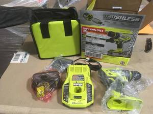 lot 33 image: Ryobi 18-Volt ONE Lithium-Ion Cordless Brushless 12 in. Hammer DrillDriver Kit with 4.0Ah LITHIUM Battery, Charger and Bag see pictures